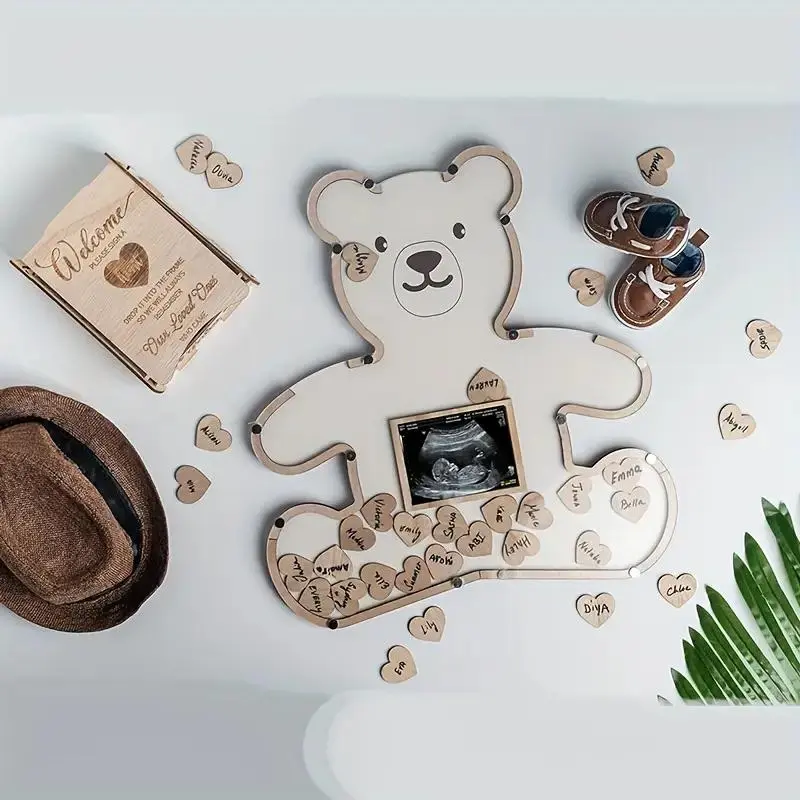 Wooden Bear Shaped Ornament, 1 Set Mini Wooden Bear Ornament with Mini Heart Shaped Decor,  Gifts & Message Boards for Home Party Festival Birthday Decor