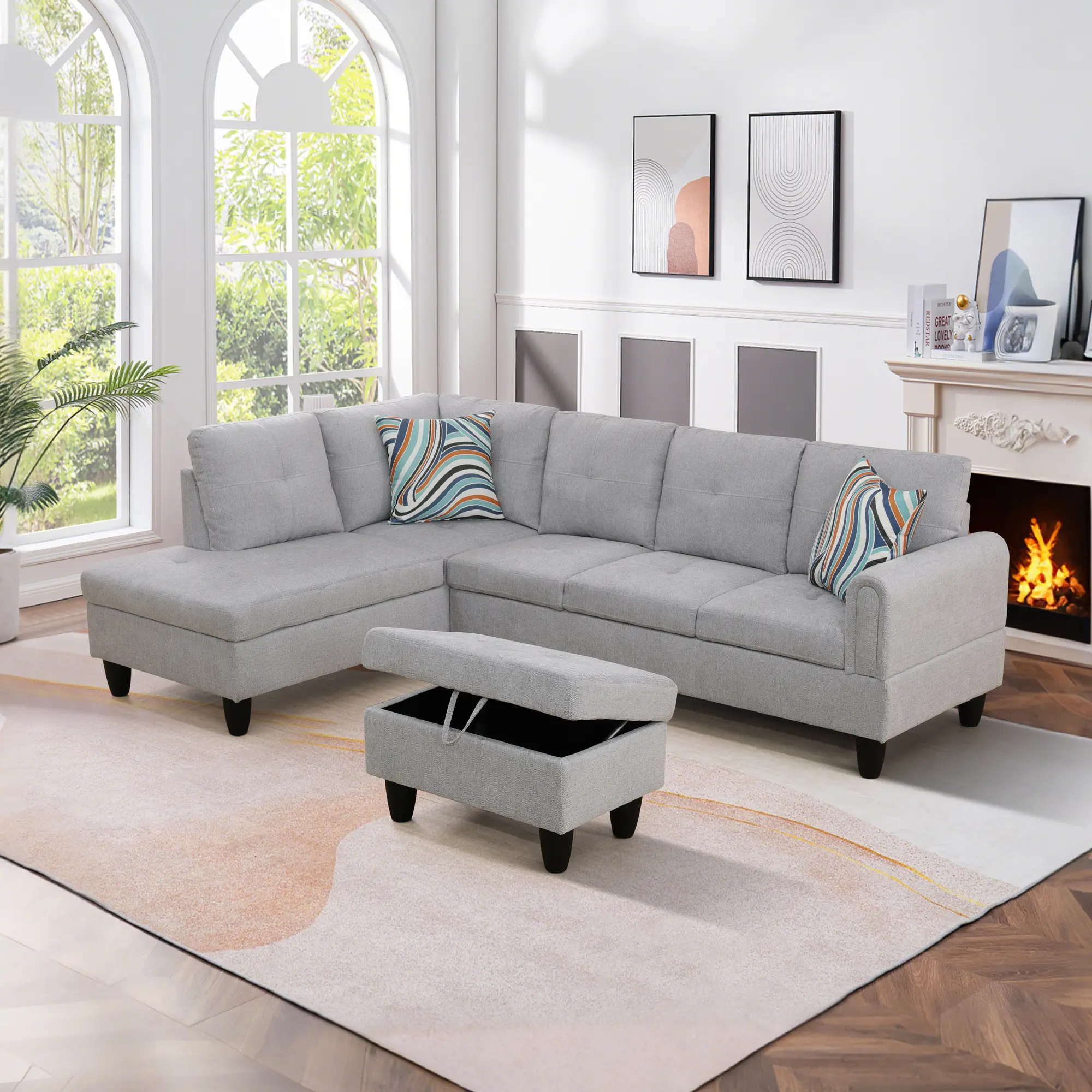 Sturdy 5-Seat Ultra-Plush Flannel Sofa Ensemble - 3-Piece Cotton Comfy Couch with Fixed Arms, Modern Gray Indoor Living Room Home Furnishing, Assembly Required