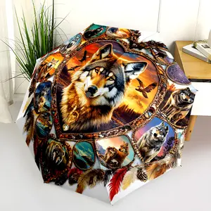 1 PC Automatic Folding Umbrella - Wolf Heart Dreamcatcher Pattern, Portable & Foldable Design with 8 Ribs, Merry Christmas Pattern,Casual Outdoor Accessory Halloween and Christmas Birthday Gifts. G0080
