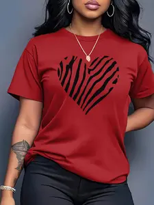 Zebra Print Heart Women's Casual Short Sleeve Crew Neck Cotton T-Shirt – Bestselling Animal Print Graphic Print, Beige, Machine Washable Spring & Summer Top, Soft Skin-Friendly Fabric, Daily Versatile, Fashion Design, Womenswear