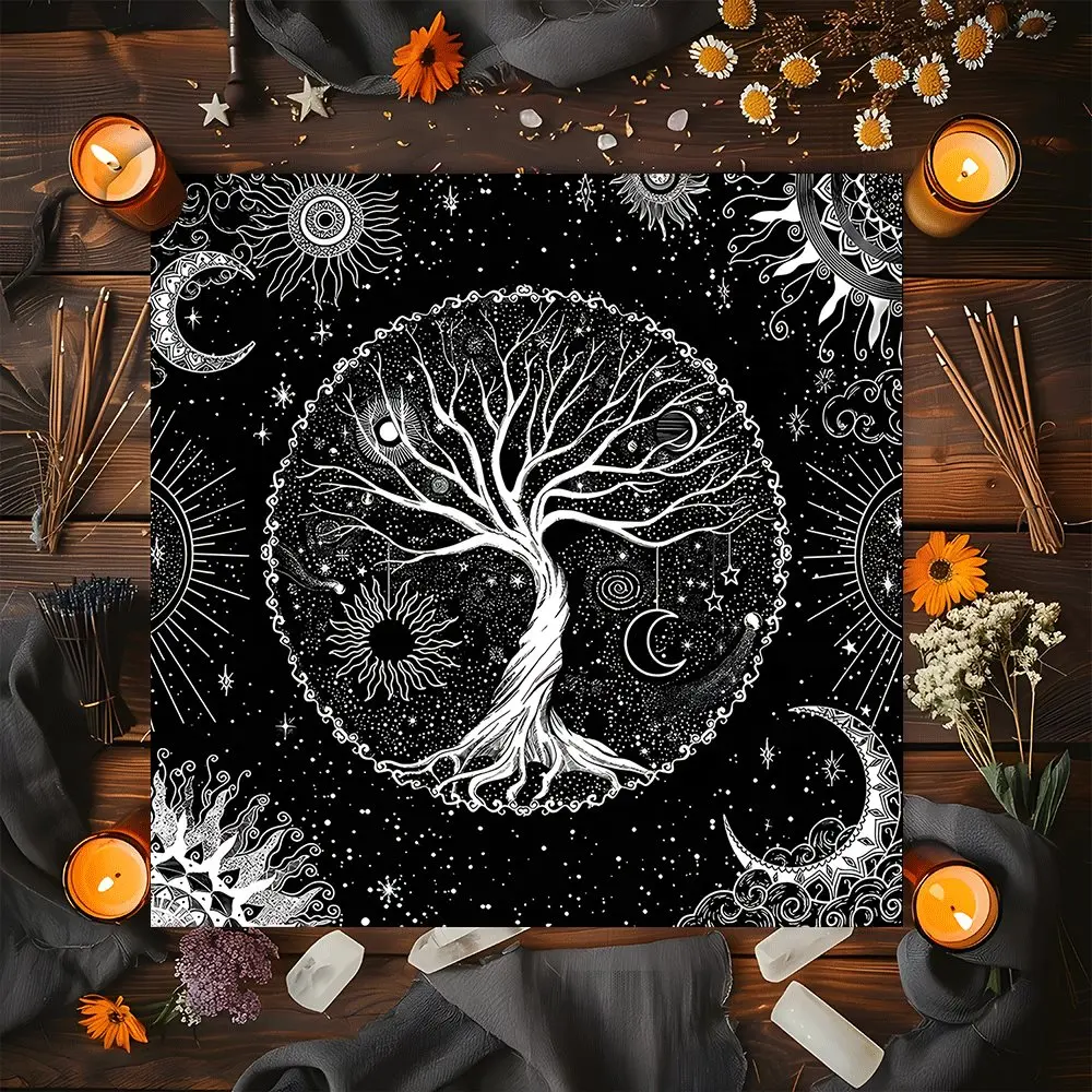 Mystical Celestial Starry Tree of Life Design Square Tarot Tablecloth, Elegant, Witch-style home decor Altar Cloth Multiple Sizes Polyester Fabric, Easy to Clean Decorative Divination Cloth for Spreads & Rituals Gift for family and friends