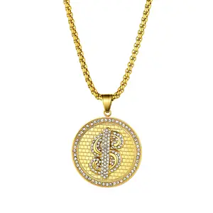 OIDEA Men's Dollar Sign Pendant Necklace, Gold-Tone Rhinestone 22" Stainless Steel Wheat Chain, Hip Hop Street Style Chain Jewelry Necklaces