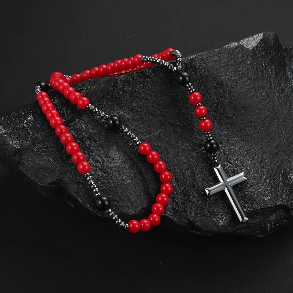Red Beads Cross Pendant Necklace For Men And Women Beaded Jewelry Glass & Hematite Charms 60cm Chain