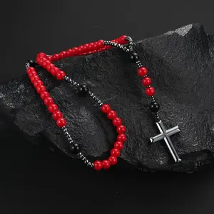 Red Beads Cross Pendant Necklace For Men And Women Beaded Jewelry Glass & Hematite Charms 60cm Chain