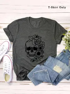 Plus Size Cartoon Skull Print Round Neck Tee, Fashion Casual Floral Print Crew Neck Short Sleeve T-Shirt for Daily Outdoor Wear, Women Plus Clothing for Summer, Halloween