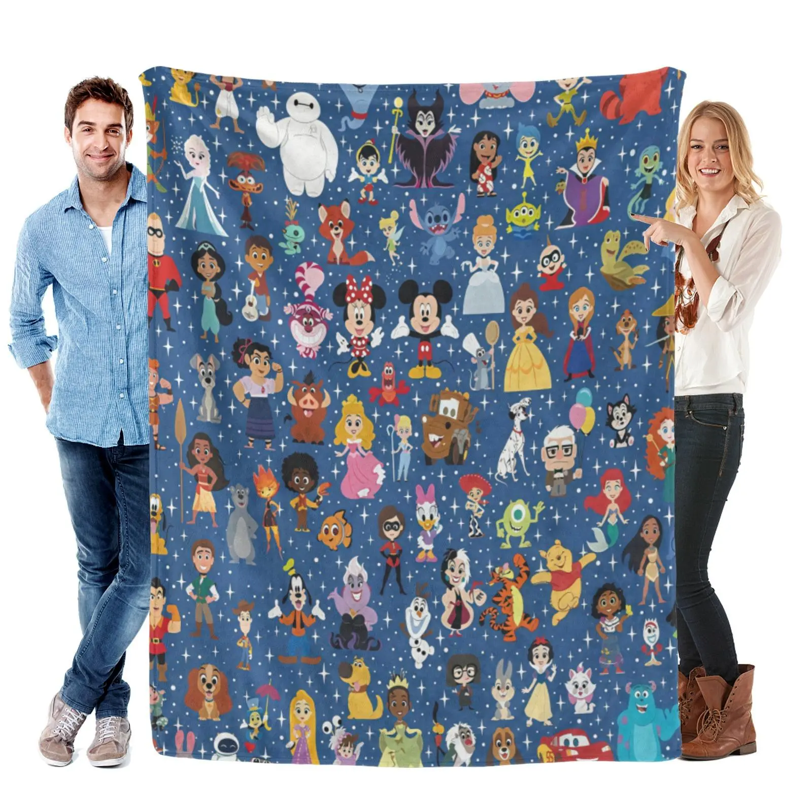 Disney Multi Character Blanket, Dark Blue Starry All Disney Cartoon Collage Flannel Throw, Disney Stuff For Kids Family Lounge Bedroom Decor