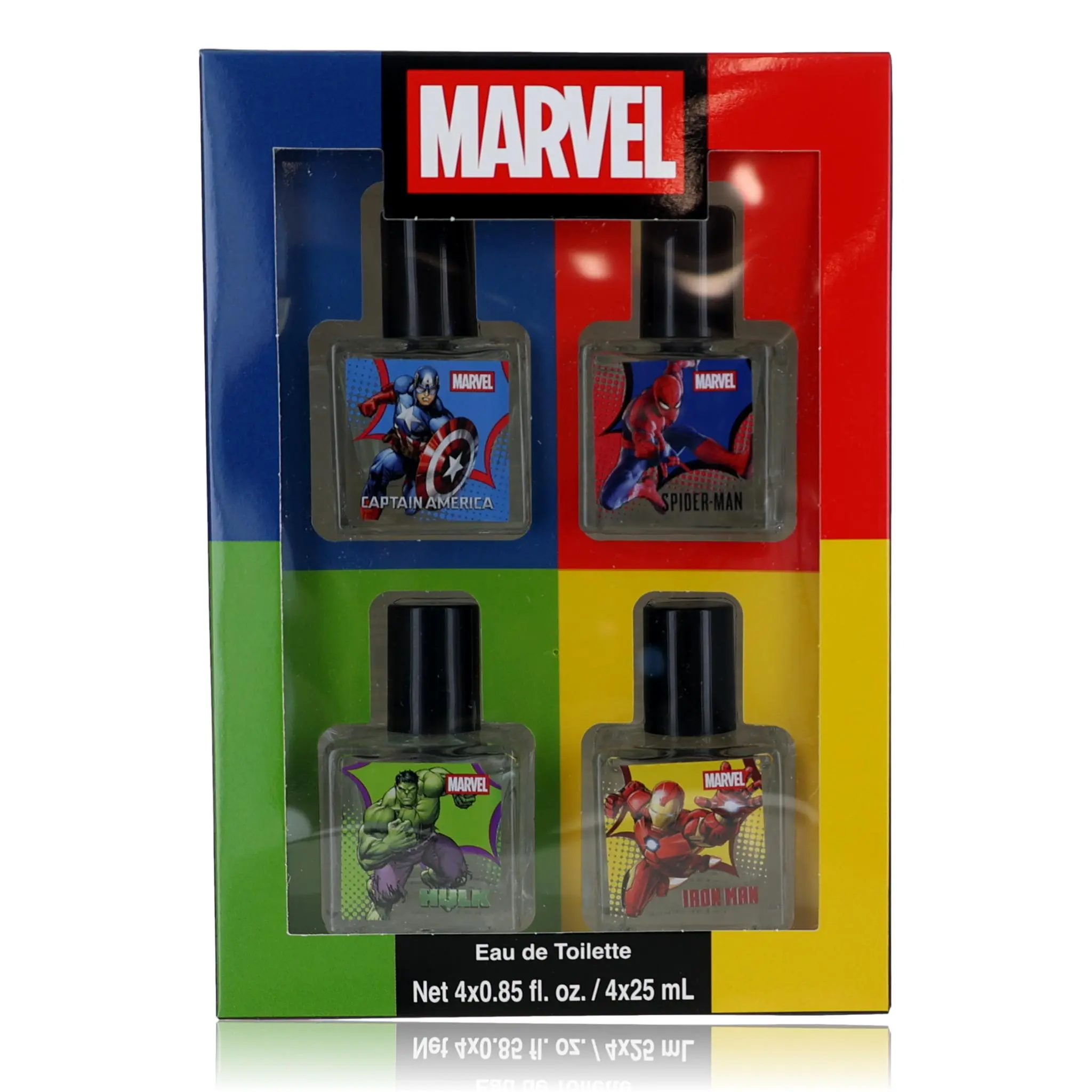 Marvel 4-Piece Eau de Toilette Gift Set for Kids | Fun Fragrance with Character Designs of Spider-Man, Hulk, Iron Man & Captain America | 0.85 Fl. Oz. (25 Ml)) Each, Fragrance Set, Scent Set