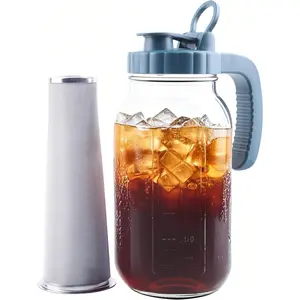 64 OZ Wide Mouth Pitcher With Stainless Steel Filter 2 Quart Half Gallon Glass Pitcher With Lid Cold Brew Coffee Maker Cold Hot Tea Maker For Lemonade Milk Juice Refrigerator