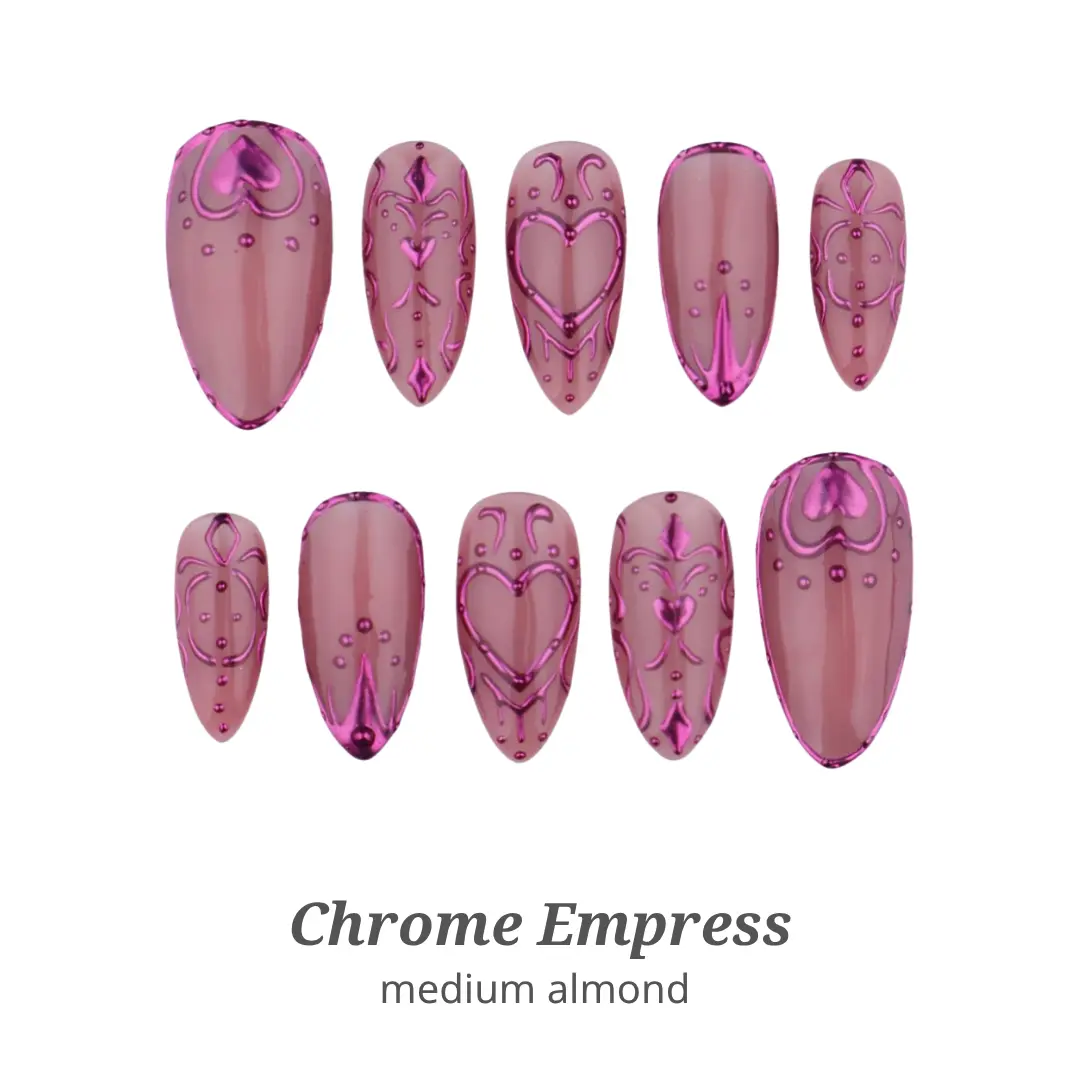 Lilynailsart | Chrome Empress Press On Nails – Medium Almond – Pink Chrome Heart Design