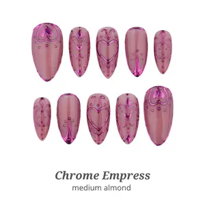 Lilynailsart | Chrome Empress Press On Nails – Medium Almond – Pink Chrome Heart Design