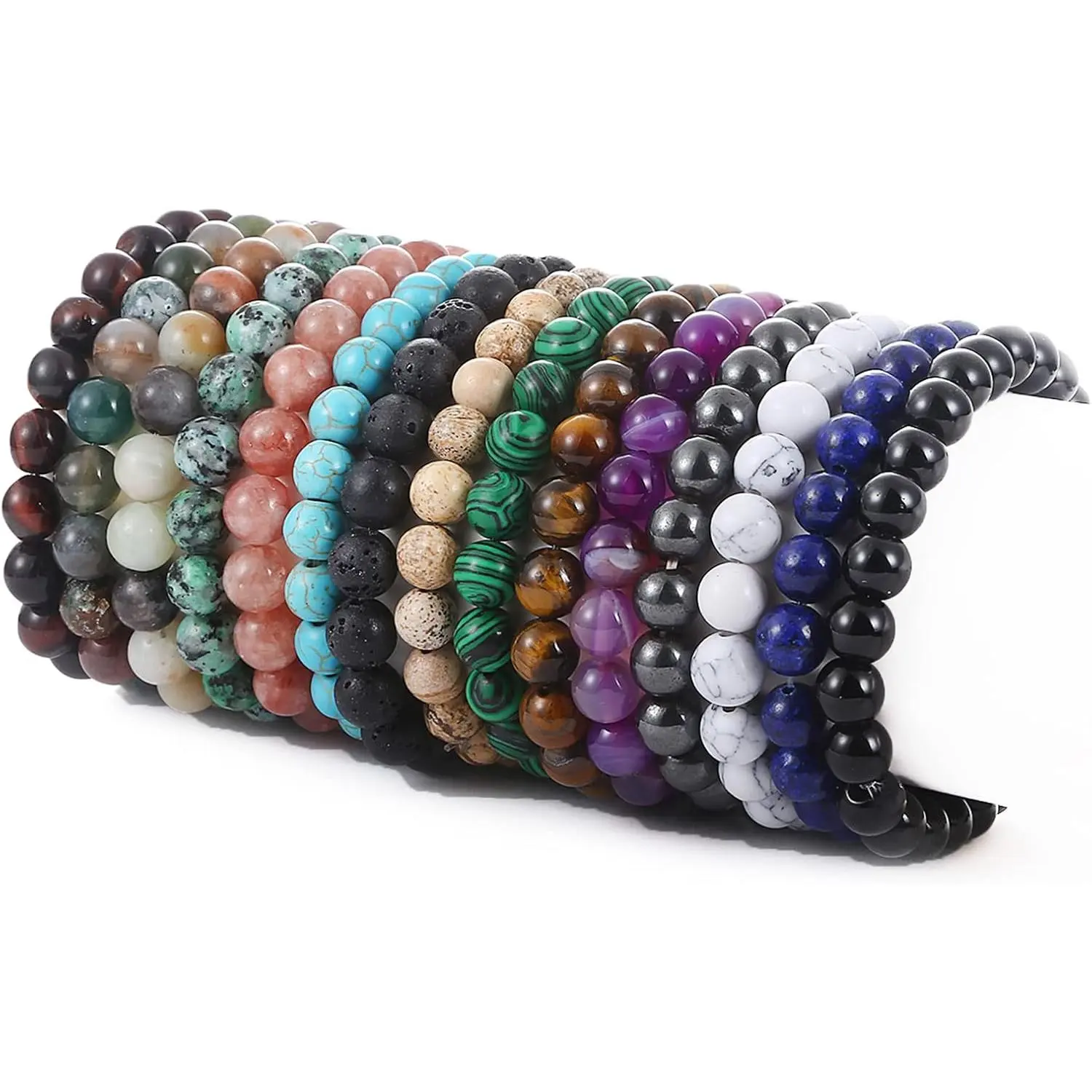 15 PCS 8mm Gorgeous Stones Bracelets Round Beaded Stretch Beads Bracelet Unisex Jewelry Gifts for Women Men, Bangles Bracelets Set, Stackable Bracelets