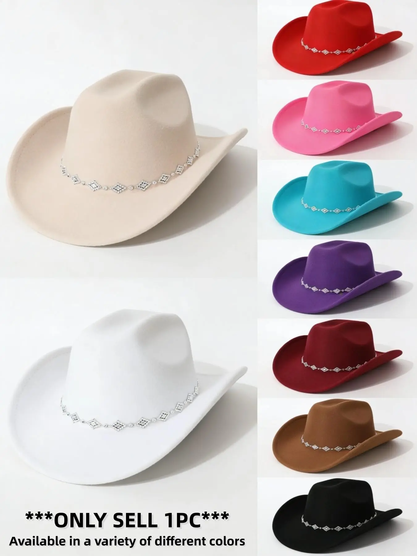 Western Cowboy Hat with Rhinestone Chain, Multi-Color Option, Casual Fitted Design, Perfect for Halloween Cosplay and Daily Use, Cowboy Style Hat, Sparkly Hat, Halloween Ready, Fashion Hat, Costume Hat, Cool Hat, Fitted Hats
