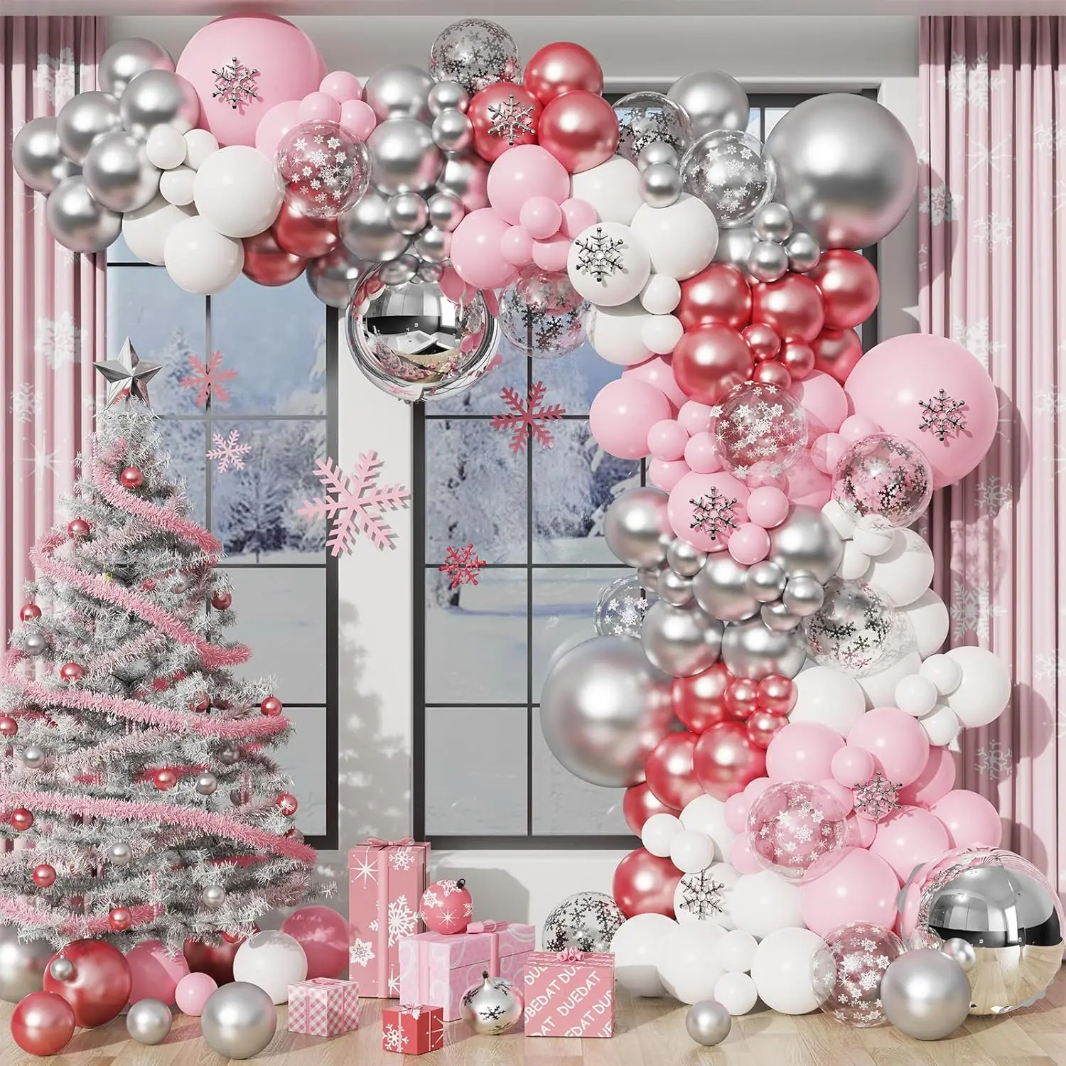 Pink Winter Wonderland Balloon Garland Arch Kit for Holiday and Birthday Party Decorations