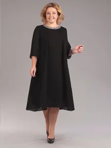 Plus Size Women's Black Chiffon Casual Dress with Sequined Stitching Round Neck for Summer Elegant Basic Chic