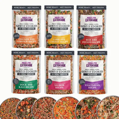 Health Extension Gently Cooked Dog Food Sampler Pack - 9oz, 6 Shelf-Stable Pouches with Feeding Support, Rosemary, Coconut Oil, Vitamins, Bone Broth