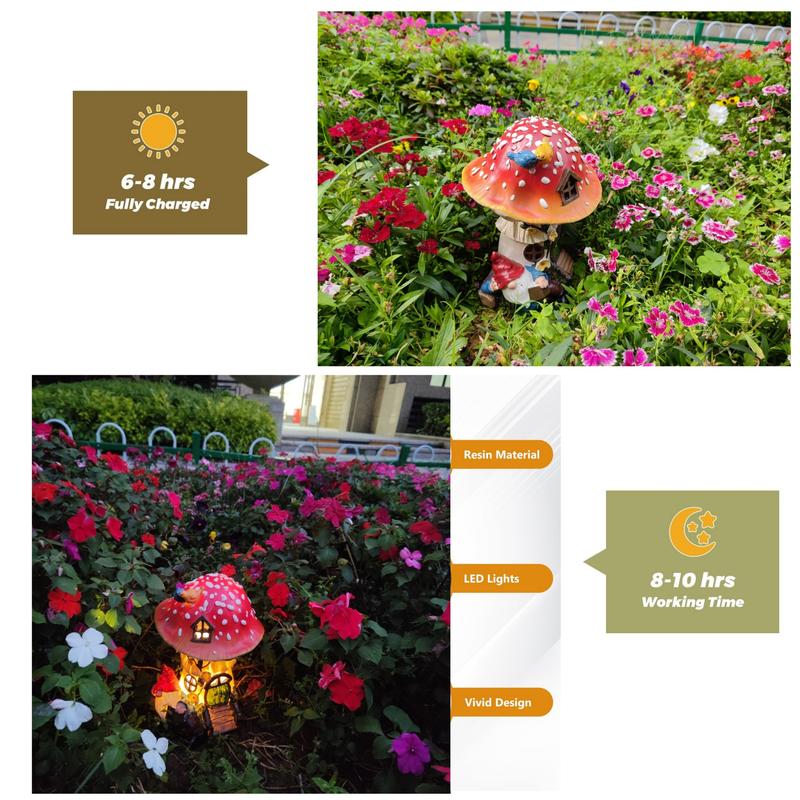 11 Inch Solar Mushroom Fairy House Resion Outdoor Statue Lamp Light Gnome Theme Garden Decor Seasonal Gardening Art for Housewarming Gifts Spring Outdoor Decoration for Patio Garden Balcony