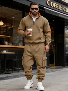 Men's Winter Fleece Set, Half-Zip Sweatshirt with Workwear Pants, Loose Fit, Long Sleeve, Classic Style, Fall & Winter Wear