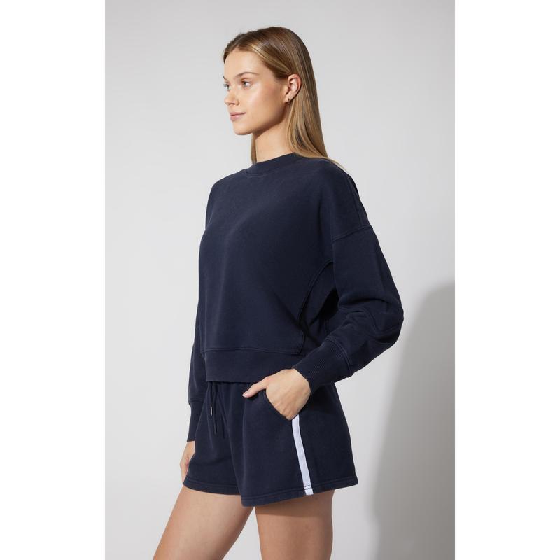 3 PC Washed Loop Terry Crew Neck Long Sleeve + High Waist Short + Sock Set - Our Ocean Core Story