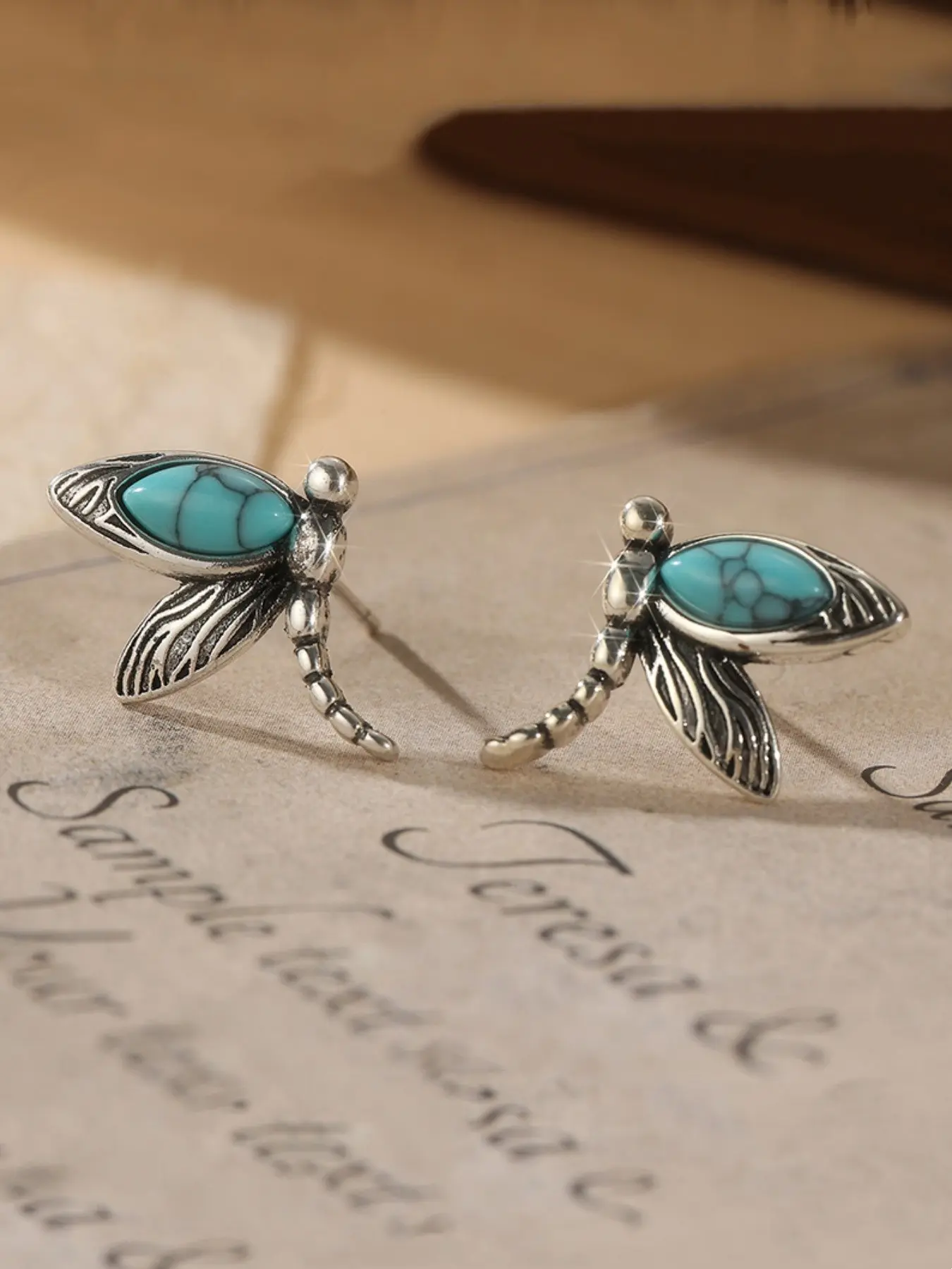 Creative Rustic Style Earrings, Vintage Synthetic Turquoise, Hand-Carved Dragonfly Design, Elegant Jewelry for Women's Parties and Vacations