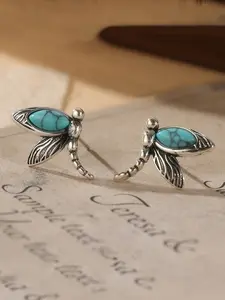 Creative Rustic Style Earrings, Vintage Synthetic Turquoise, Hand-Carved Dragonfly Design, Elegant Jewelry for Women's Parties and Vacations