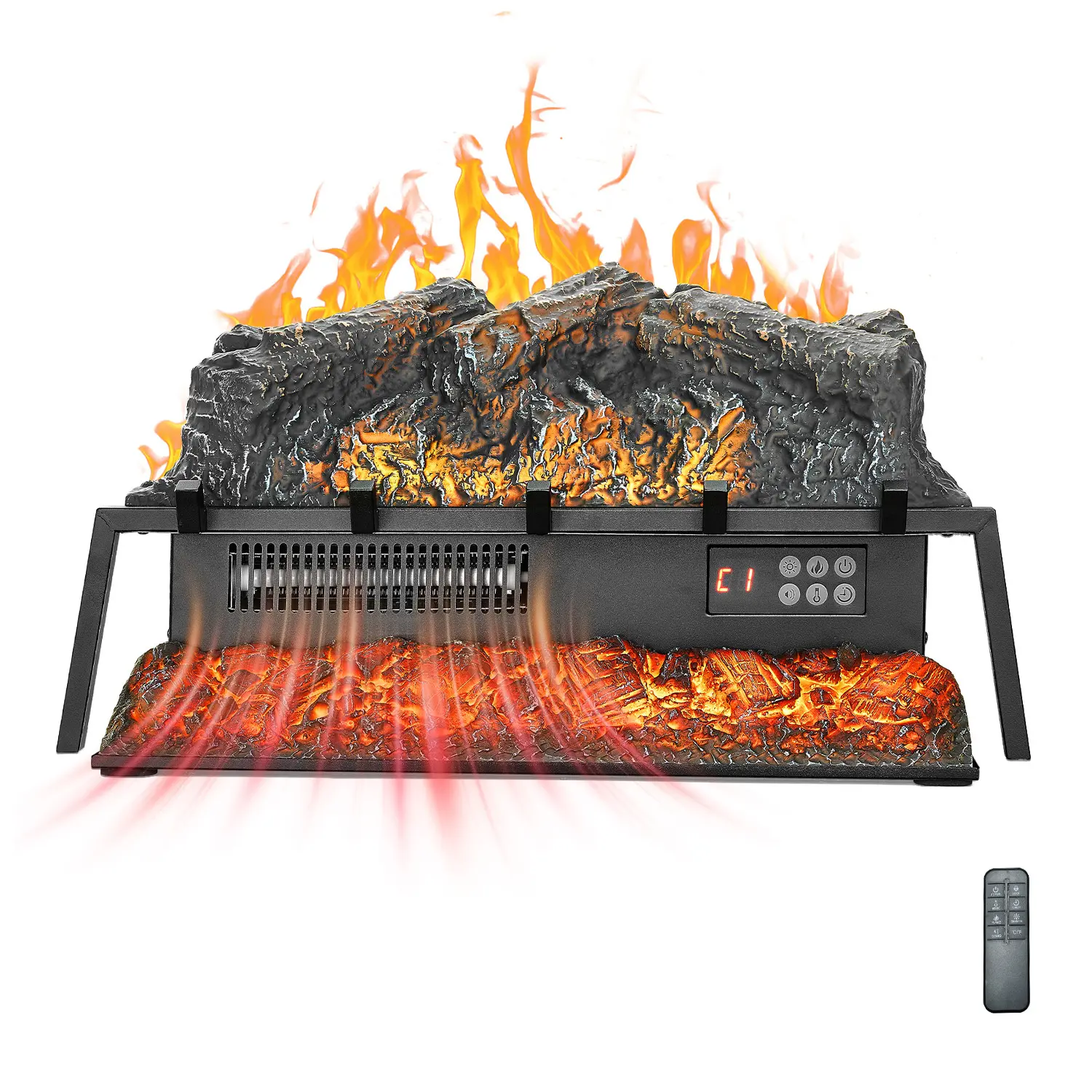 VEVOR 25-in Wireless Electric Fireplace Log Insert Heater with Realistic Simulated Logs, 600W+ Infrared Heating, Crackling Sounds, Remote, 5 Brightness Levels, 24-Hour Timer, Overheat Protection, 70-95°F Thermostat, Space-Saving Black Home Decor Enhancer,
