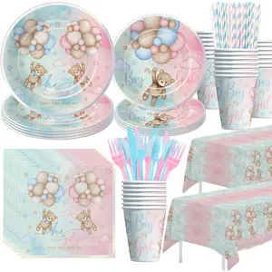 Teddy Bear Gender Reveal Decorations Party Tableware - Bear Boy Or Girl Gender Reveal Supplies, Paper Plate, Cup, Napkin, Tablecloth, Cutlery, He Or She Table Decorations | Serves 24