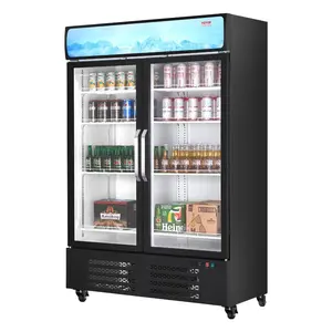 VEVOR Commercial Merchandiser Refrigerator, 36.27 CU. FT Upright Beverage Cooler, 2 Glass Door Display Refrigerator with 8 Adjustable Shelves, Soft LED Light, Customizable Lightbox, Casters, Black