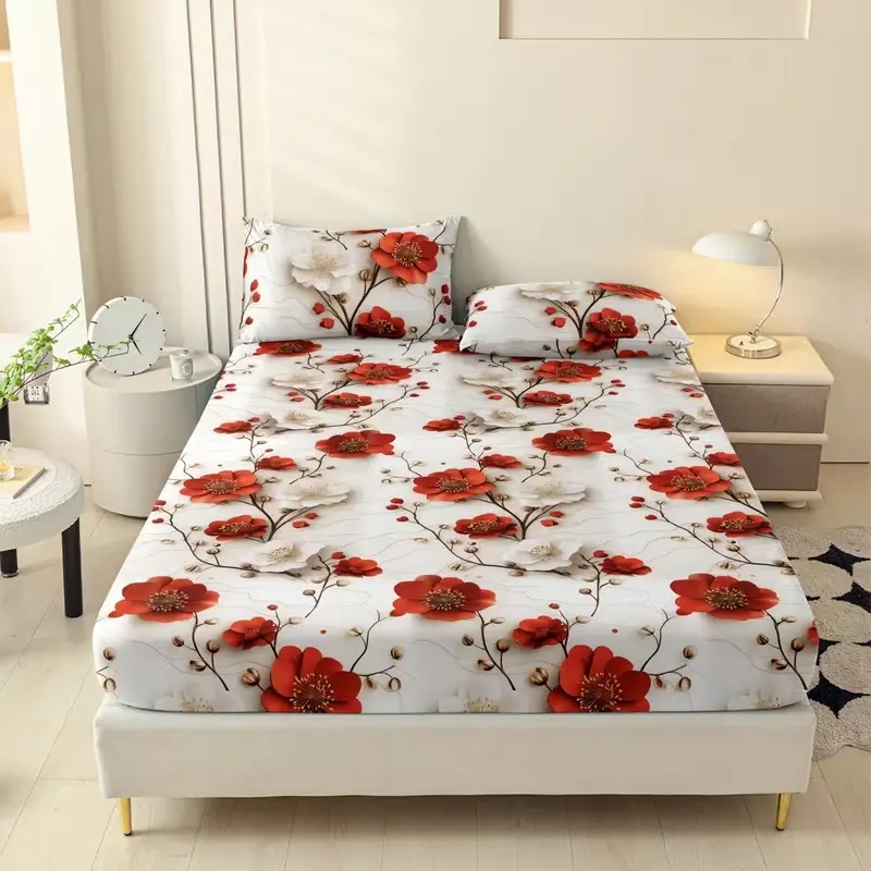 3pcs Camellia Bedding Set, Soft Breathable Sheet and Pillowcases, King Queen Size, All Seasons Use, Floral Sheets, Bedsheet Set, Bed Sheet Sets
