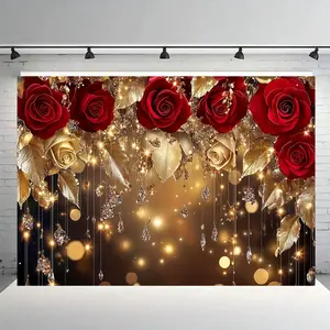 Elegant Burgundy and Gold Floral Party Banner, Sequins Backdrop Decoration, Shimmer Wall Backdrop, and Roses, Shining Stars, Wireframe Design, Suitable for Weddings, Birthdays, Balls