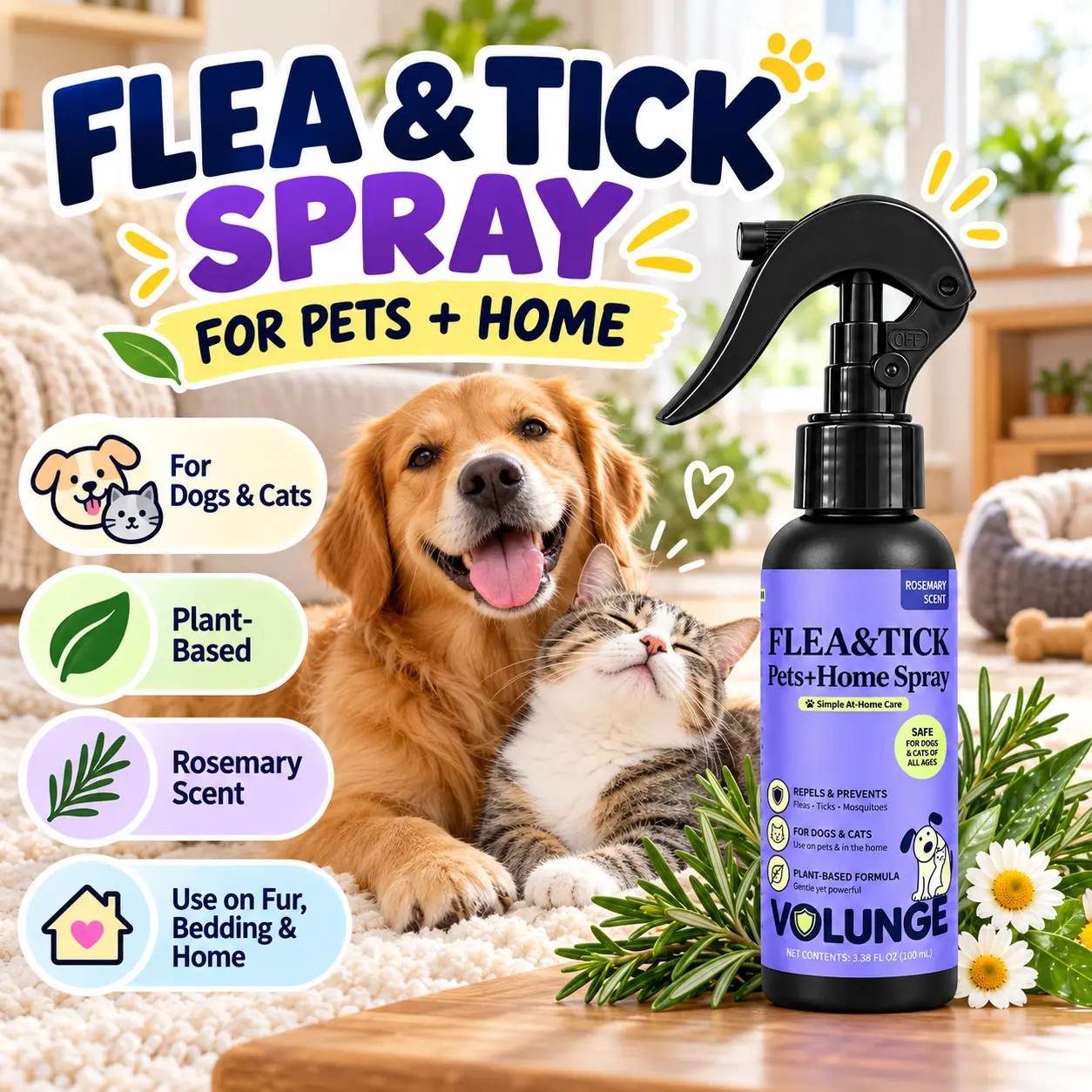 Pet Flea & Tick Care Spray for Dogs & Cats, Rosemary-Scented Grooming Mist with Botanical Extracts, Daily Coat Refresh & Seasonal Pest Care, 100mL / 300mL