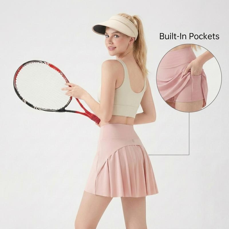 Women's High-Waisted Breathable Active Skort Skirt - All Day Cinched Cross-Waist Pleats, Anti-Exposure High-Stretch Solid Color, Built-In Pockets, Machine-Washable Tennis Skirt for Yoga, Running (XS-XL)