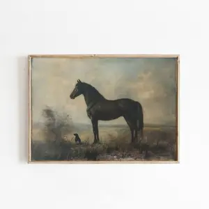 Black Horse and Dog Wall Art Vintage Equestrian Print Rustic Farm Animal Landscape Poster Western Home Decor 103
