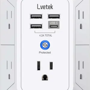 5 Outlet Extender Multi Plug Wall Outlets with 4 USB Charging Ports (1 USB C Outlet), 3 Sided 1680J Surge Protector Power Strip USB Wall Charger for Home, Office, Travel, ETL Listed, White