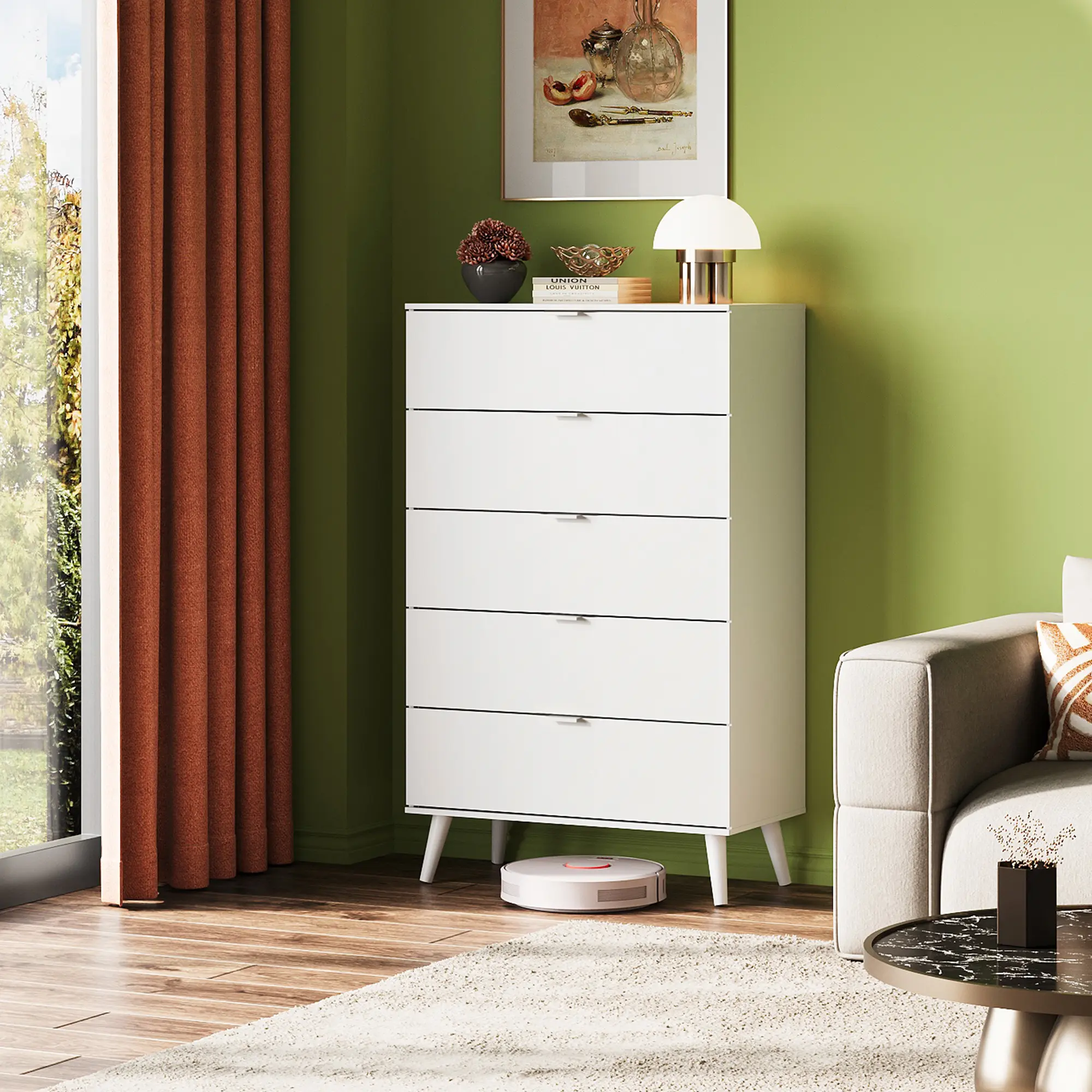 WLIVE 5 Drawer Dresser for Bedroom, Tall Wooden Dresser, Dressers Storage Organizer with Sturdy Metal Handle, Chest of Drawers for Living Room, Hallway, Closet