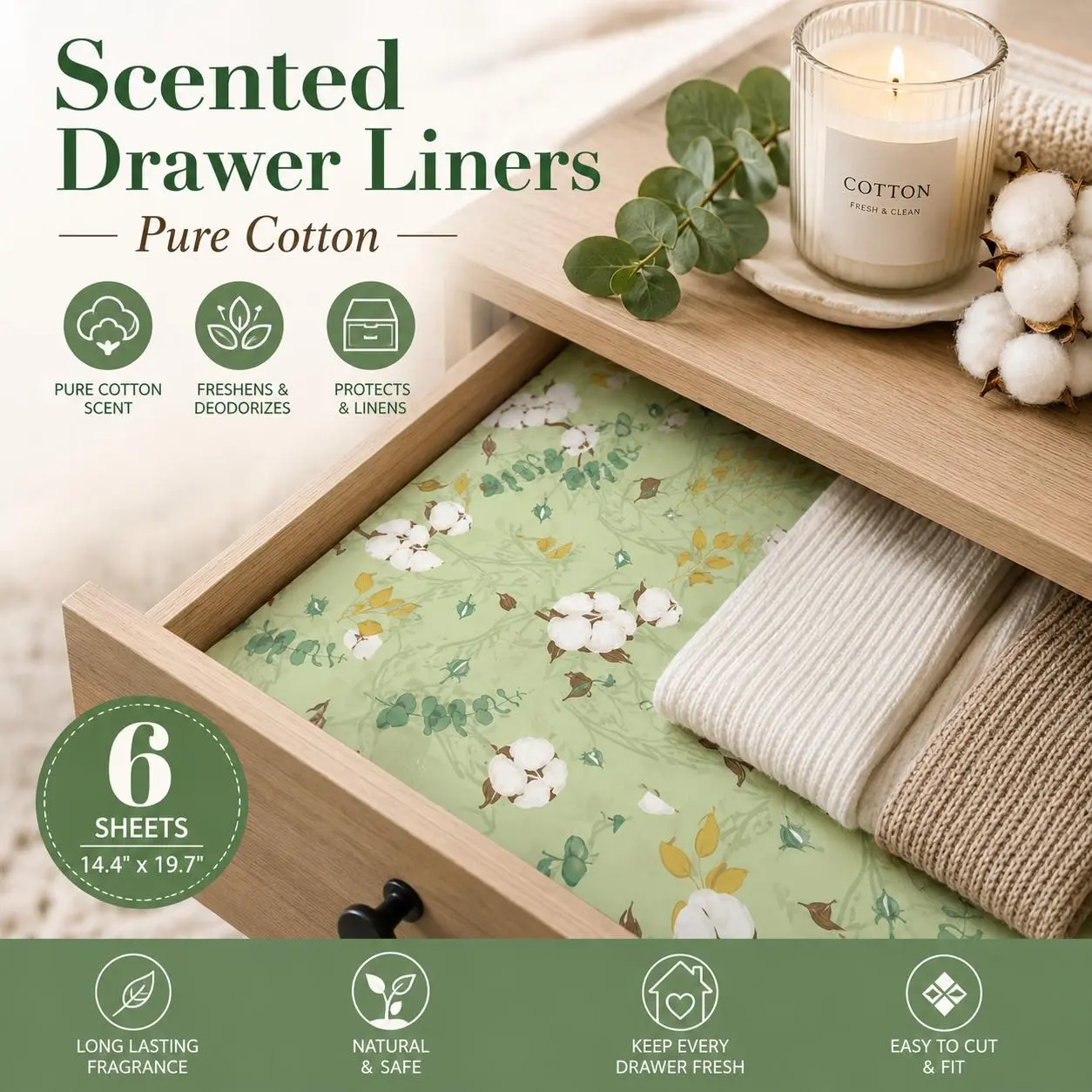 Cotton-Aroma Fragrant Drawer Liners (6-Pack) - Non-Adhesive, Moisture-Resistant Shelf Freshener with Natural Scent for Bedrooms, Dressers long-lasting home fragrance Long-lasting fragrance. Fresh scent in drawers, wardrobe, and closet. scenting