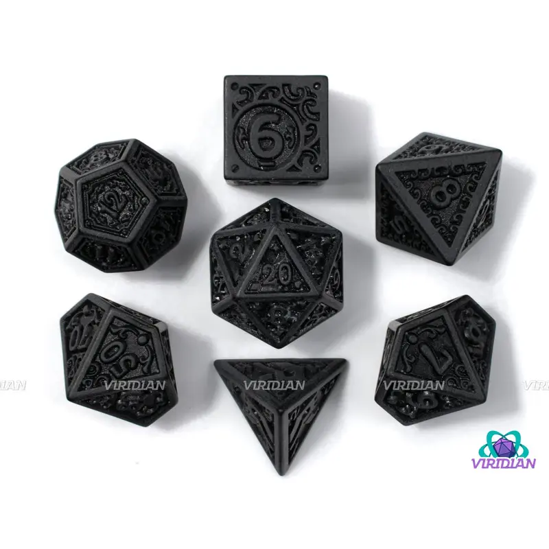 Black Flame (Uninked) | Matte Black Ornate "Magic Flame" Design, Difficult to Read, Uninked | Acrylic Dice Set (7)