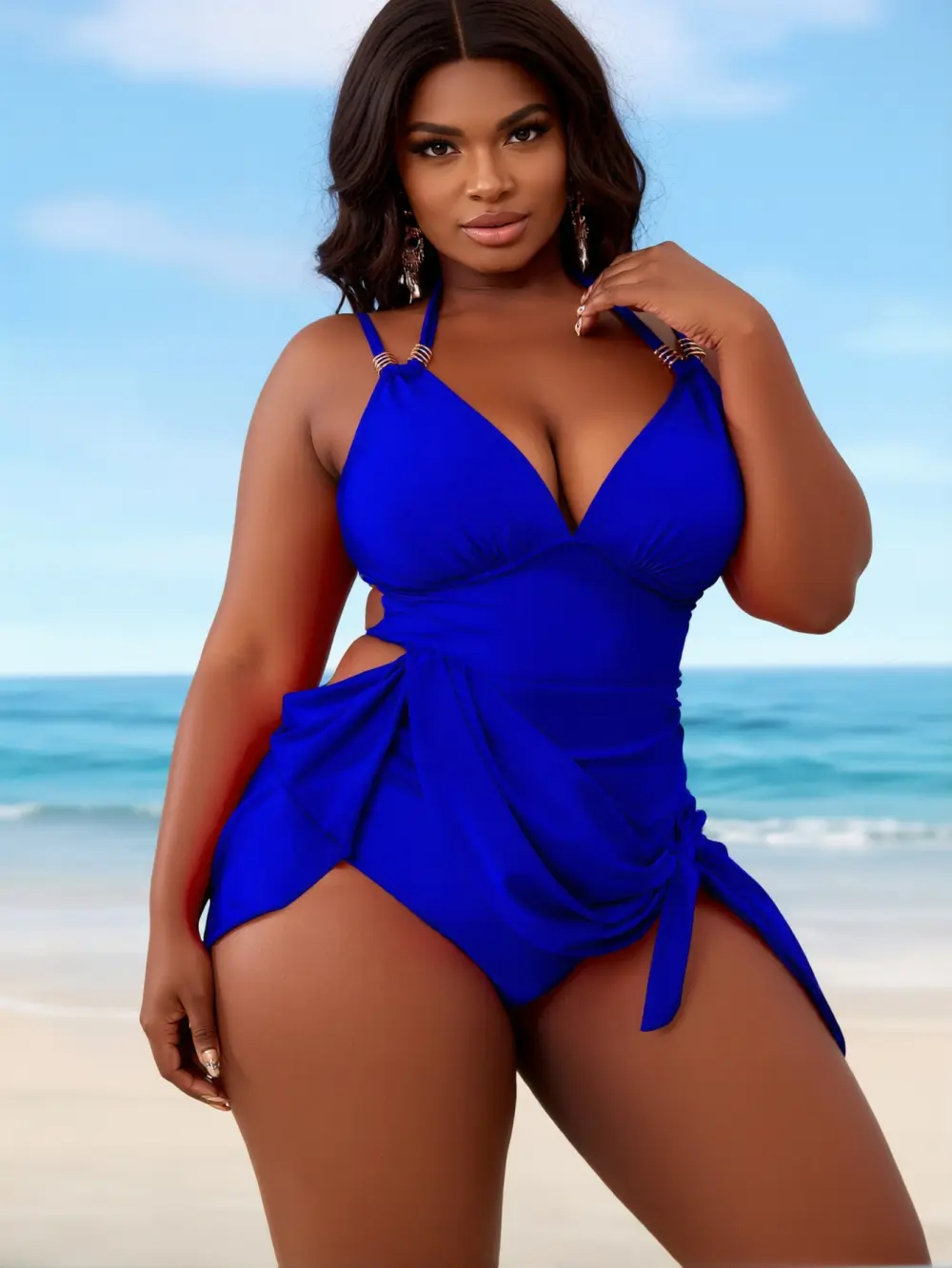 Women's Halter 1-Piece Swimsuit with Ruched Tummy Control, Blue Sporty Chic Beachwear, Belly Flattering Monokini with Tie Detail, Swimsuit For Women, One Piece Swimsuits