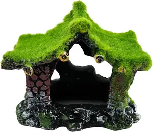 Aquarium Decoration House  Hollow Hideout House, Betta Fish  Accessories Cave Ornament Tank Small Fish Hideaway with Moss