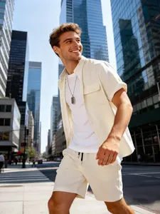 Men's Cream Stand Collar 2-Piece Loungewear Set - Short Sleeve Button-Up Shirt with Chest Pocket & Matching Drawstring Shorts, Soft Breathable Fabric, Relaxed Fit for At-Home Lounging, Lazy Weekends & Casual Evenings