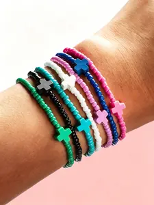 7-Piece Set Cross Wristbands, Silicone Bible Bracelets, Tribal Style Multilayer Stretch Bands, Fashionable Ethnic Jewelry for Women, Bracelets Stack