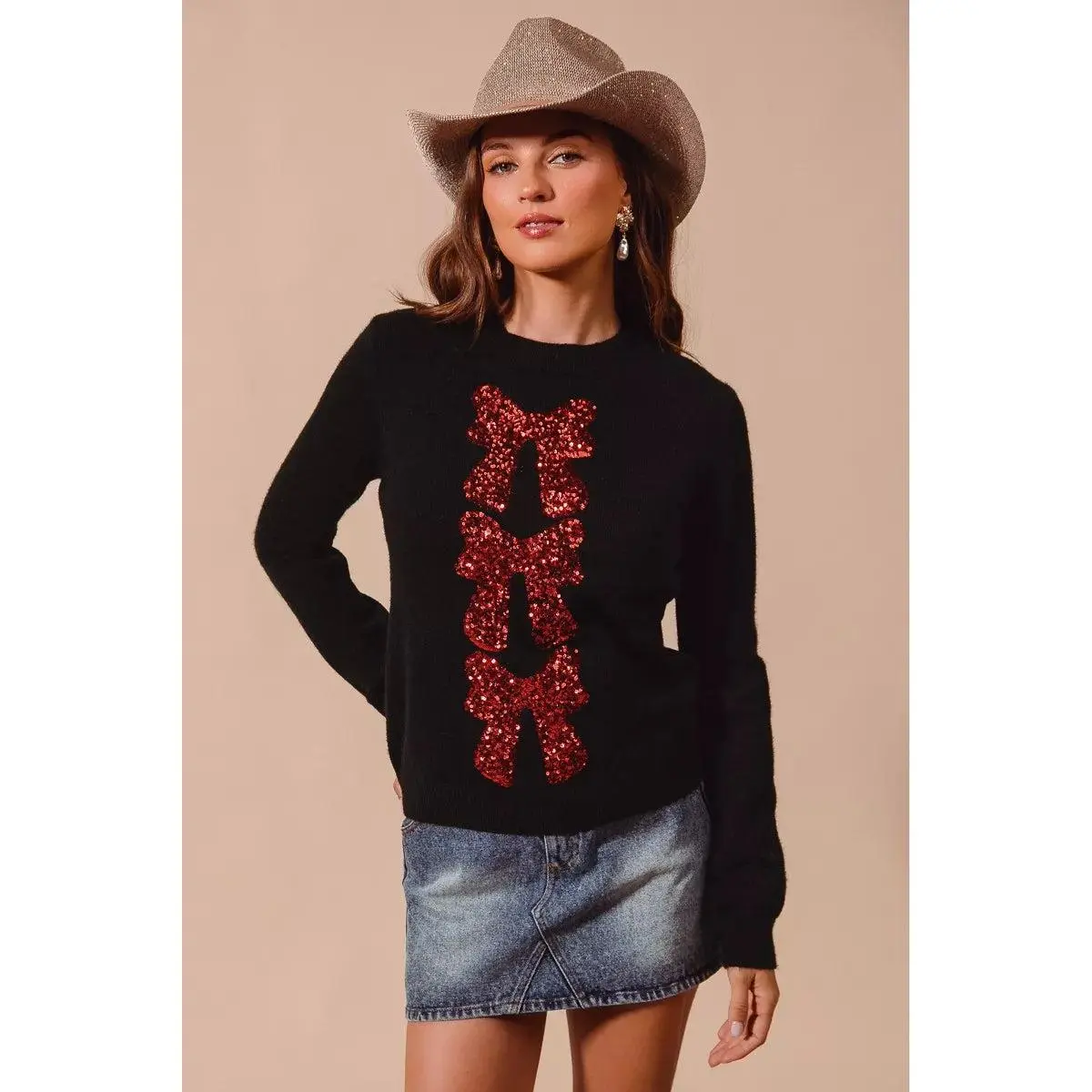 SO ME Sequins Bow Ribbon Embellished Christmas Sweater