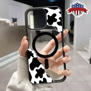 Cow Print Corner Pattern Magnetic Phone Case for IPhone 17 Pro Max 16 Plus 15 14 13 12 11 Air E Plus Non-Yellowing Clear Crystal Drop-proof Slim Silicone Shockproof Transparent Acrylic Cover Supports Wireless Charging