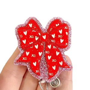 Glitter My Badge Valentine’s Day Red bow coquette xoxo badge reel for nurse and hospital workers. Badge clip Badge pull - Retractable swivel clip with a 360 rotation. Great gift for coworker.