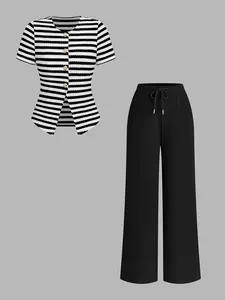 2 Piece Crew Neck Striped Single Breasted Waist-Cinched Top & Elastic Waist Wide Leg Pants Set, Casual Versatile Commuter Set