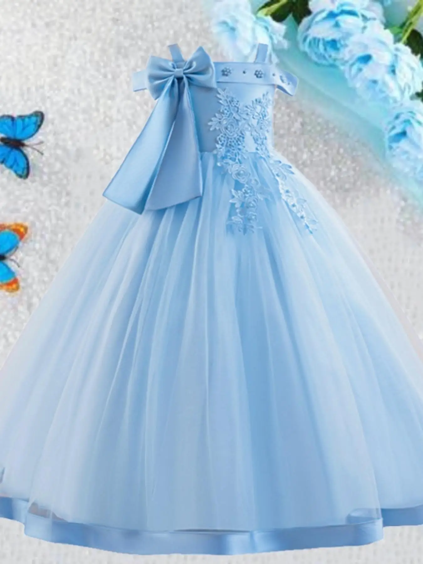 Girl's Cold Shoulder Faux Pearls Decor Contrast Lace Mesh Fit and Flare Dress, Elegant Bow Decor Sleeveless Satin Dress for Party Wedding Guest, Kids