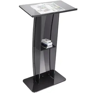 VEVOR Acrylic Podium, 47" Acrylic Podium Stand with Wide Reading Surface & Storage Shelf, Floor-standing Clear Pulpits Acrylic for Church Office School, Black