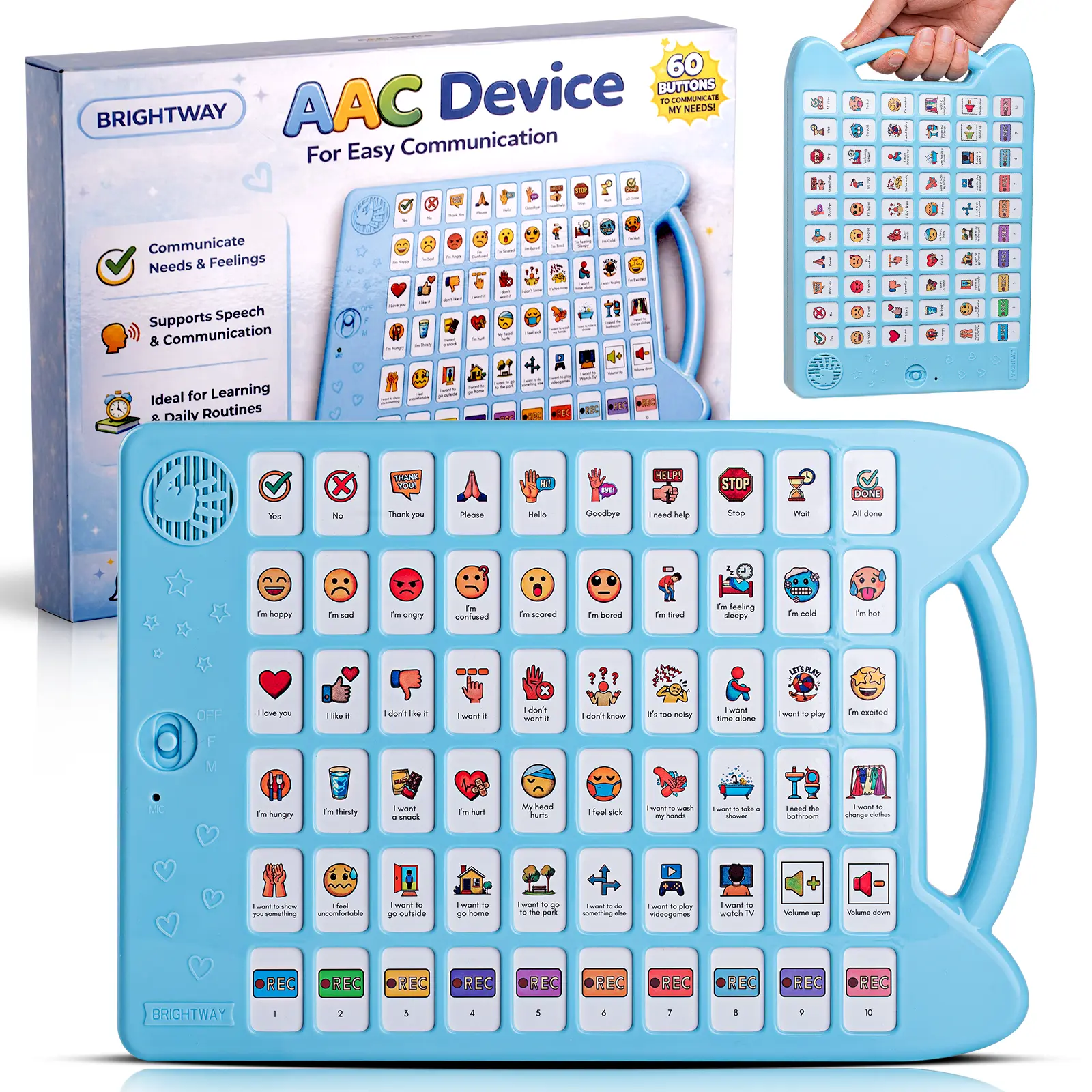 Brightway AAC Non-Verbal Communication Board - 60 Buttons, 10 Recording Buttons, Adjustable Volume, Male-Female Voice - Speech Therapy Tool for Autistic Kids, Stroke Recovery Support