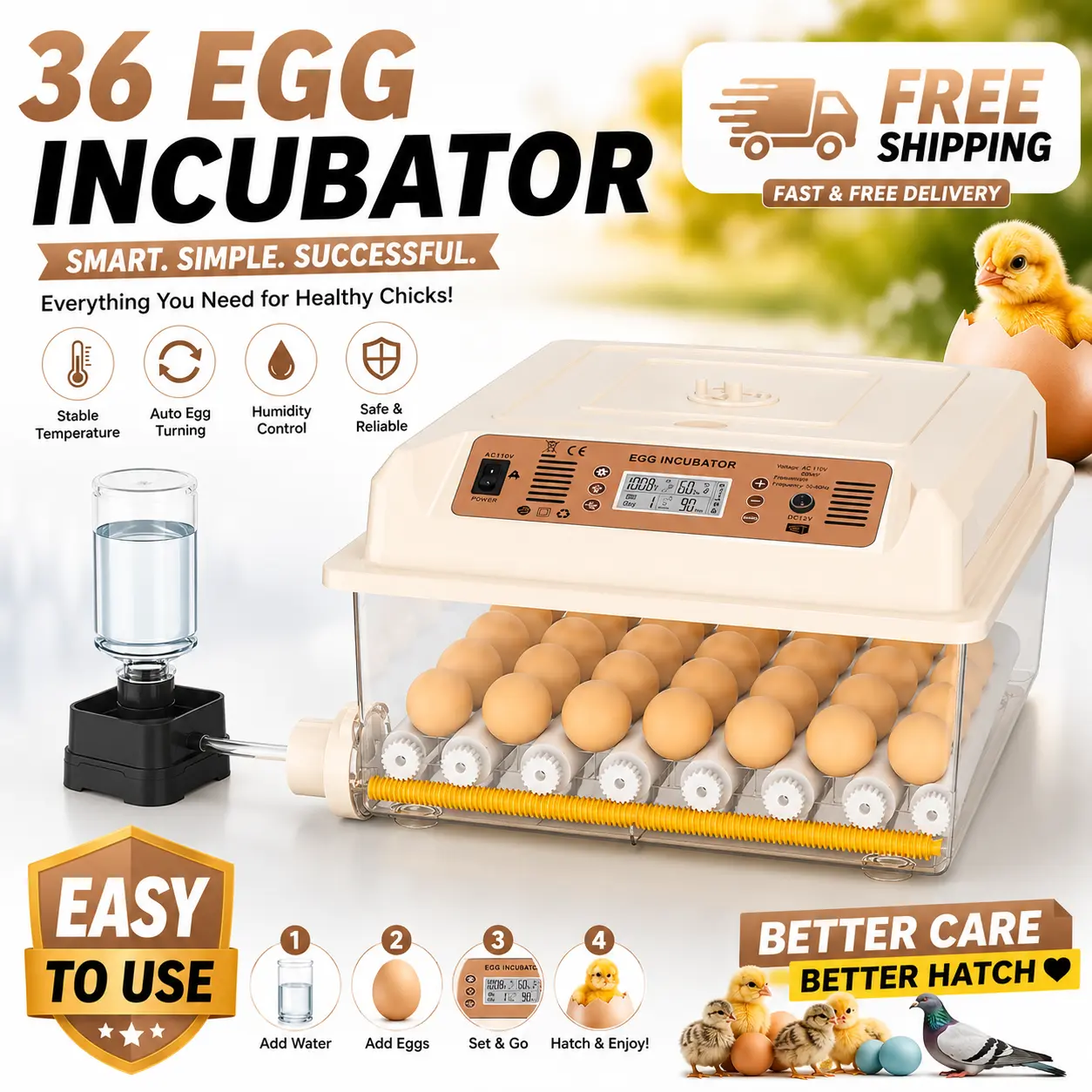 2026 Upgraded Smart Automatic Single Unit Egg Incubator - 16/36 Capacity Options, Auto Turn, Dual Power Backup, External Water Port for Hatching Eggs