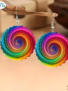1pair  Bohemian Style Colorful Swirl Floral Pattern Pendant Earrings, Fashionable & Fun, Flat Acrylic Earrings Suitable For Casual And Party, Leisure Chic