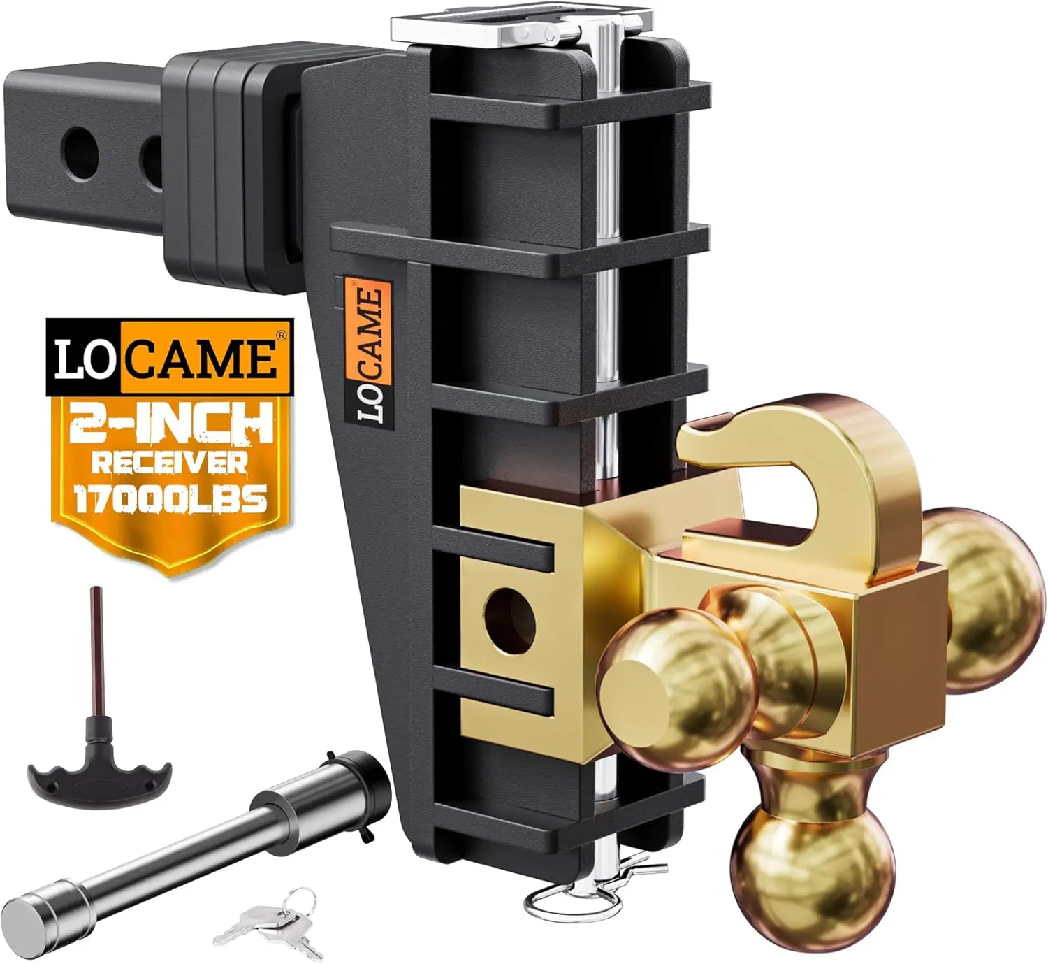 PPOLB Adjustable Trailer Hitch with Hook, Tri-Ball (1-7/8", 2", 2-5/16") Drop Hitch, Fits 2.5 Inch Receiver, 6" Drop Down Hitch, 18,500 LBS Heavy Duty Truck, Solid Ball Mount, Gold